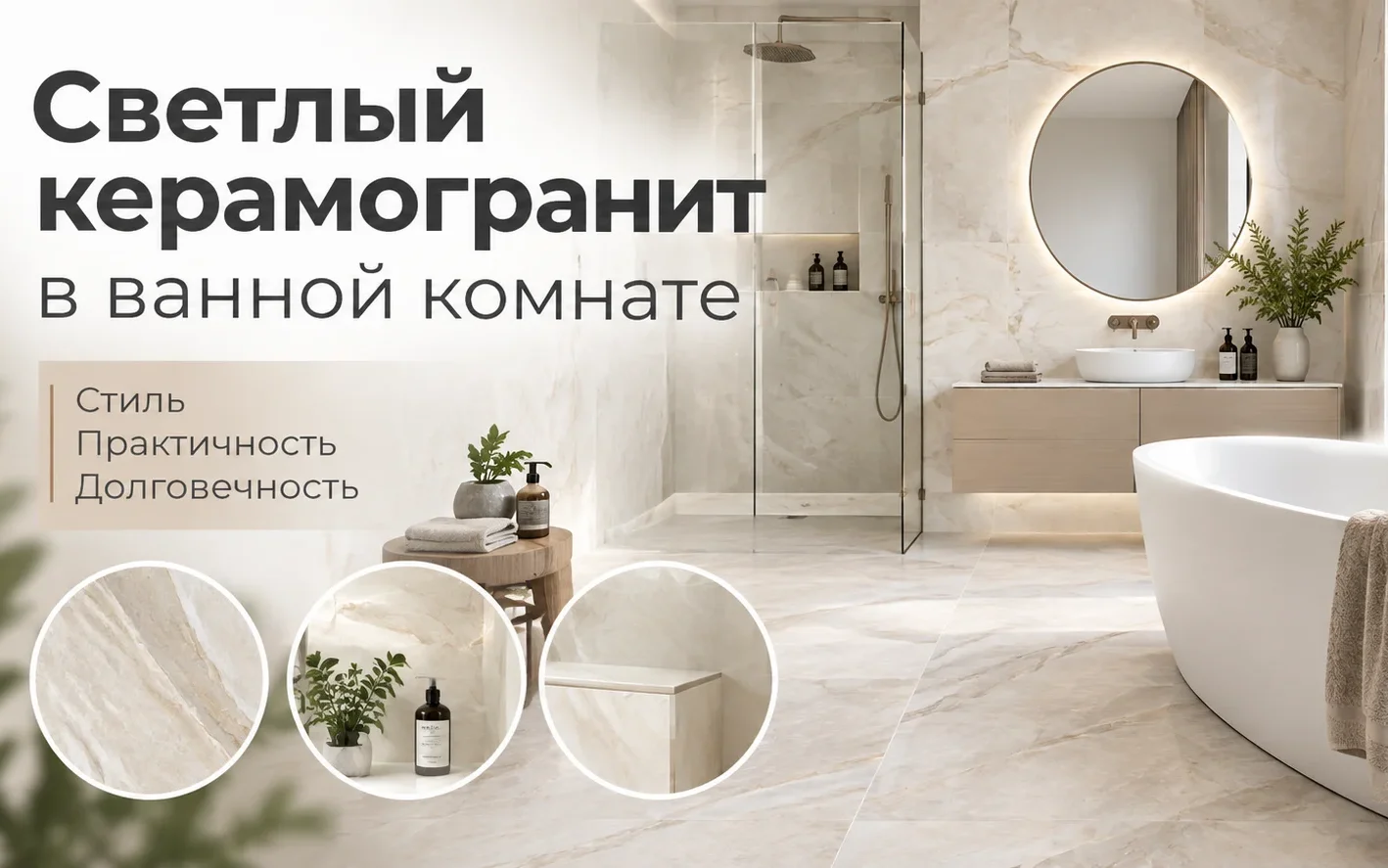 Светлый керамогранит в ванной комнате